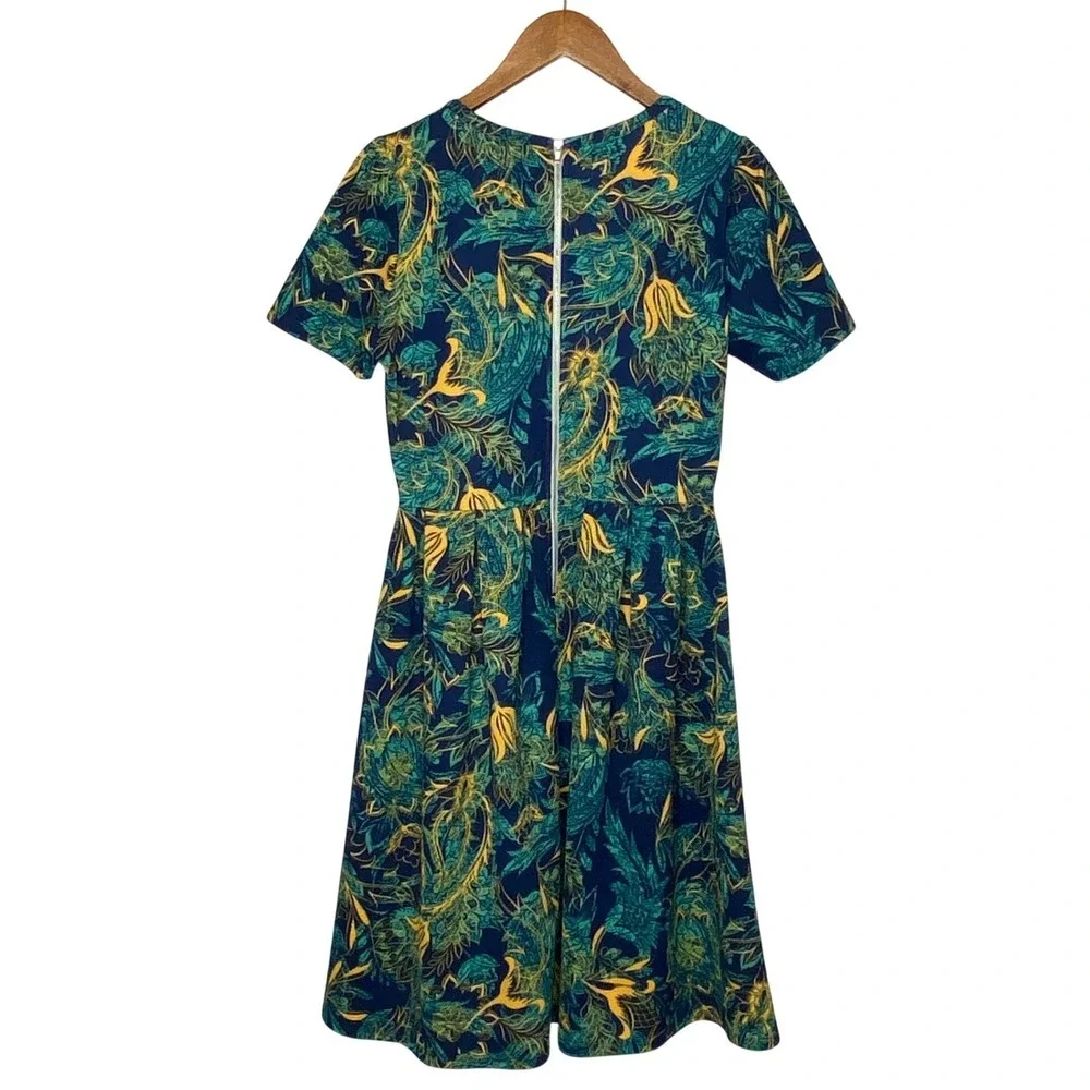 LuLaRoe Amelia Dress Womens Size M Blue Botanical Floral Pleated Stretch Pockets